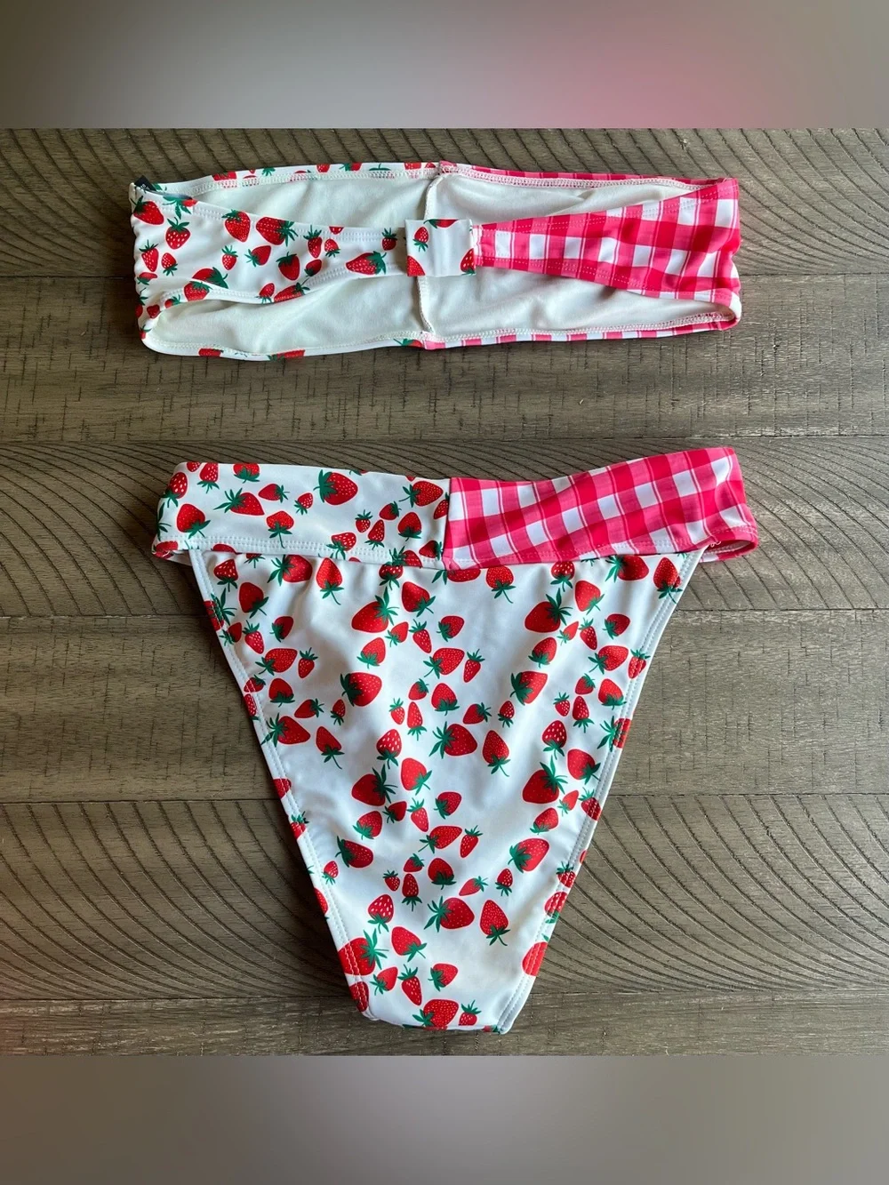 Nasty Gal Strawberry Gingham Mix Bikini Bandeau Top High-Waist Bottoms Size 6